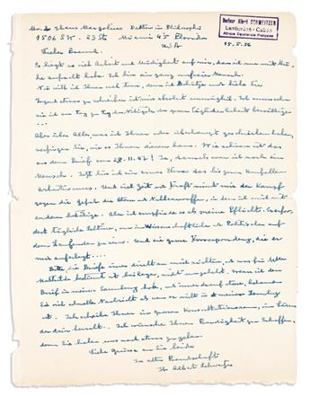 SCHWEITZER, ALBERT. Archive of 12 letters and notes, to aphorist Hans Margolius (Dear Friend or Dear Mr. Margolius), in German,